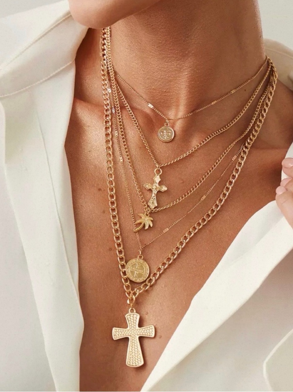 Lily Luxe Gold-Tone Layered Cross Necklace Set – 5 Piece